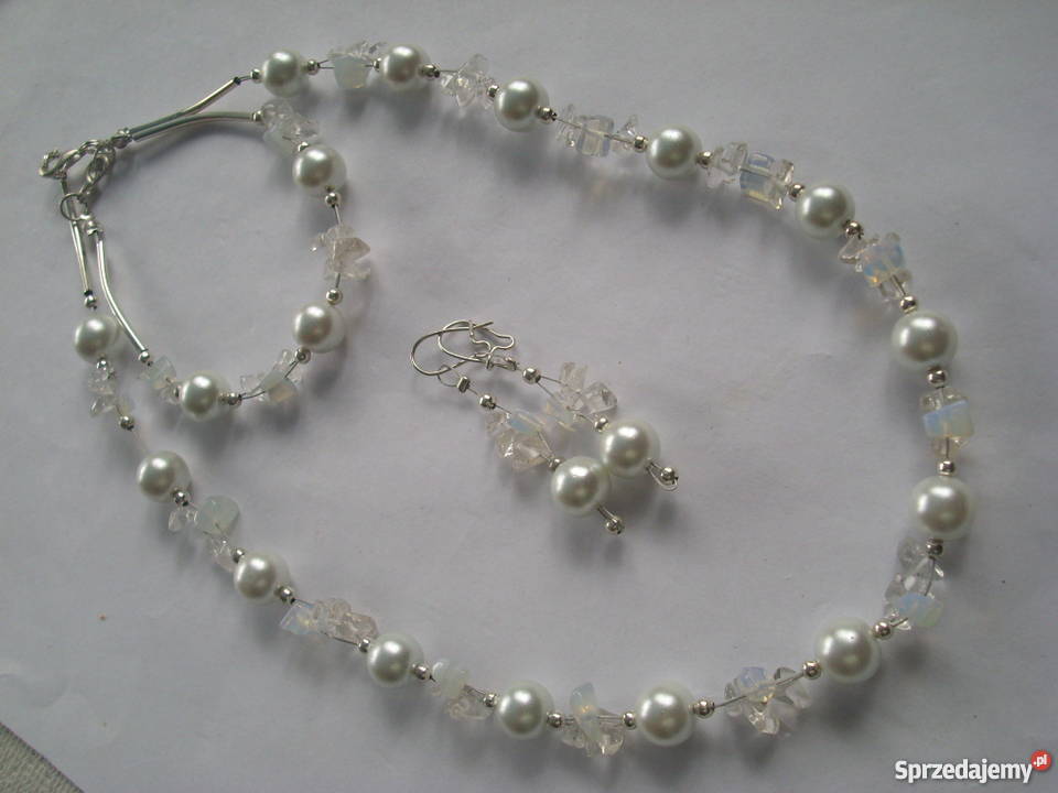 Komplet opal perła szklana biały Częstochowa