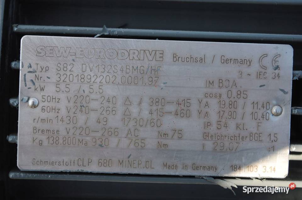 Motoreduktor kątowy 55kw 49obr z hamulcem SEW Kargowa sprzedam