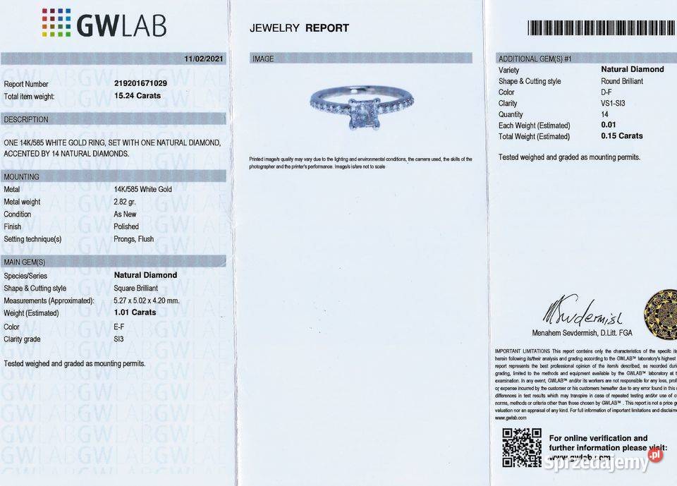 Pierścionek z diamentami 116 ct białe złoto pr