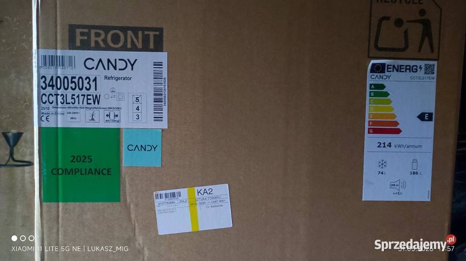 NOWA Lodówka Candy CCT3L517EW Fabrycznie śląskie Blachownia sprzedam