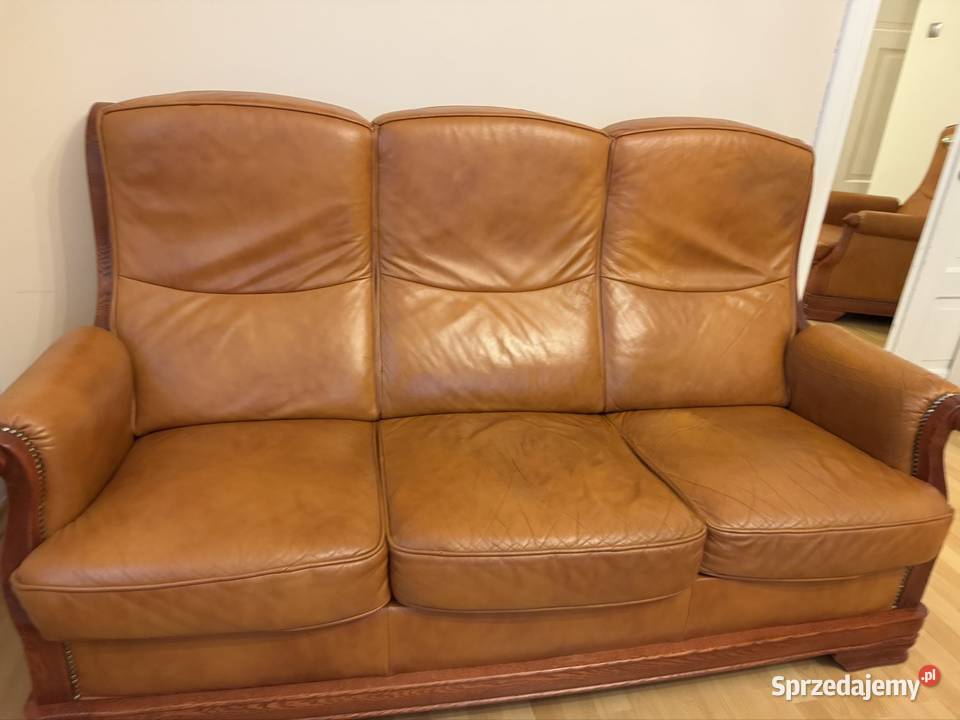 Komplet skórzany koniakowy antyk PRL lata 80 te