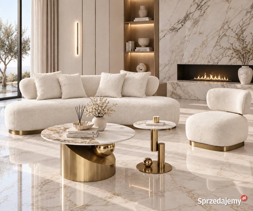 Fotel glamour boucle biały ecru ze złotą
