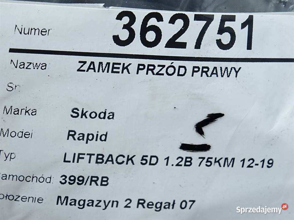 ZAMEK PRZÓD PRAWY SKODA RAPID Hatchback