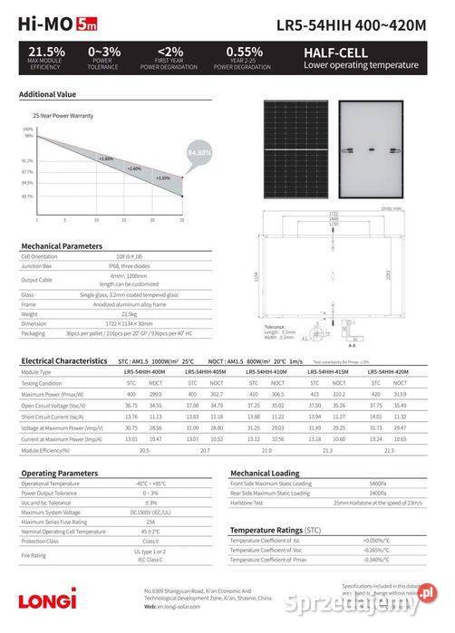 HIT Panel PV LONGI SOLAR 415W HalfCut Black Panele fotowoltaiczne
