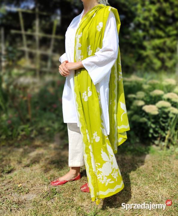 Duża zielona chusta dupatta szal bawełna kwiaty Szczecin