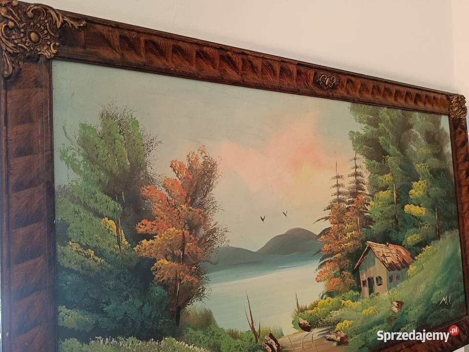 Obraz olejny na płótnie w pięknej ramie Górski kujawsko-pomorskie Lipno