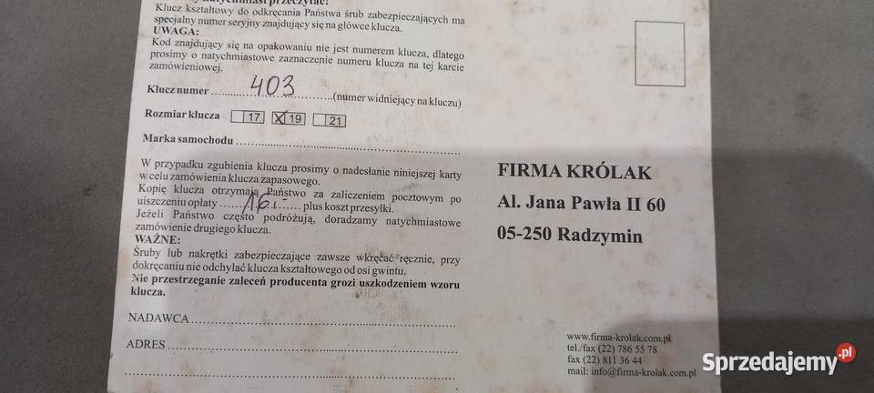 Śruby do zabezpieczeń kół Firmy Królak Pozostałe Sosnowiec