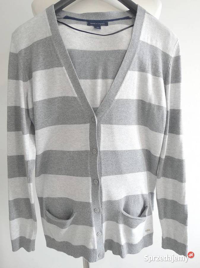 Sweter Kardigan Szary w Modne Paski Tommy Paski Łomża