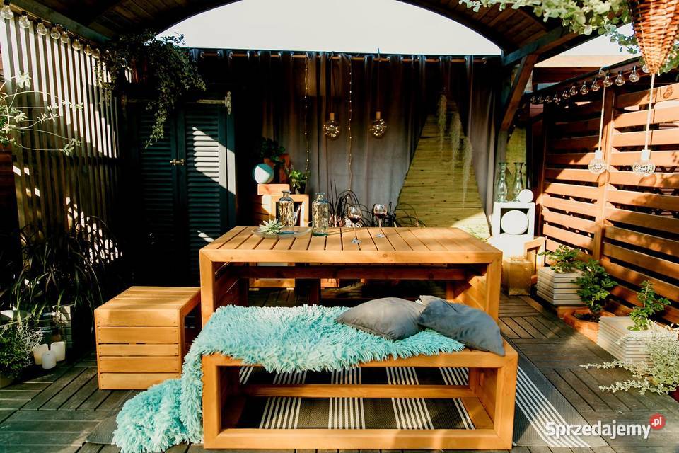 Meble ogrodowe drewniane tarasowe zestaw kawowy Kalety