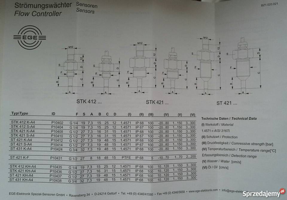 Czujnik przepływu EGE STK 421 KA4 Zabrze