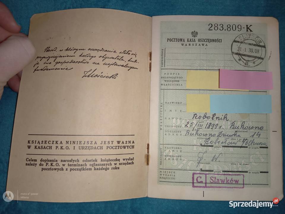 Sprzedam książeczkę oszczędnościową PKO z 1938 Antykwariat Bukowno sprzedam