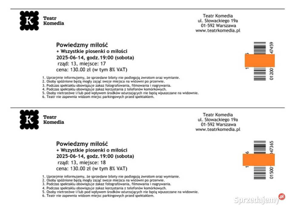 2 Bilety do teatru Komedia na 20250614 Warszawa