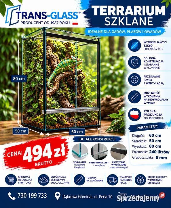 Terrarium szklane 60x50x80 szkło 6 mm producent Sklep Dąbrowa Górnicza sprzedam