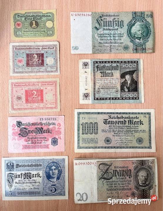 Zestaw banknotów marki reichsmarki 1 2 5 20 50 Kudowa-Zdrój