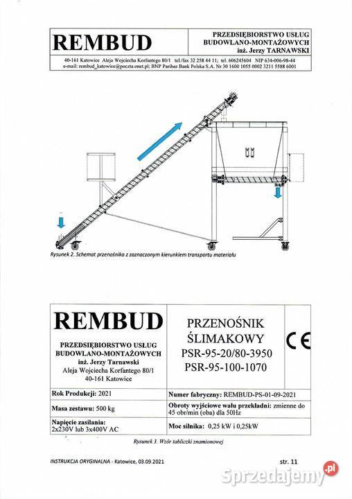 Przenośnik ślimakowy ze zbiornikiem i stacją Produkcja dolnośląskie Wrocław