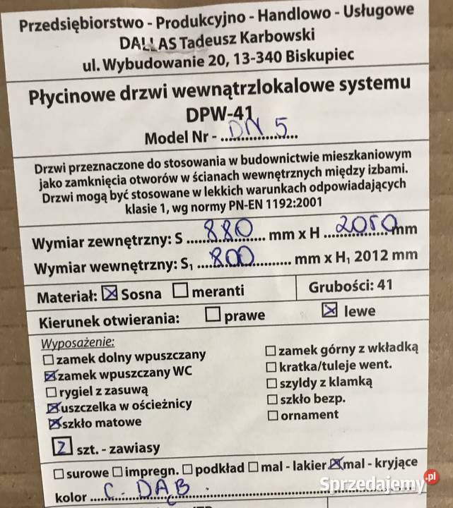 Drzwi drewniane z ościeżnicą regulowaną 80 lewe Dąbrowa Górnicza