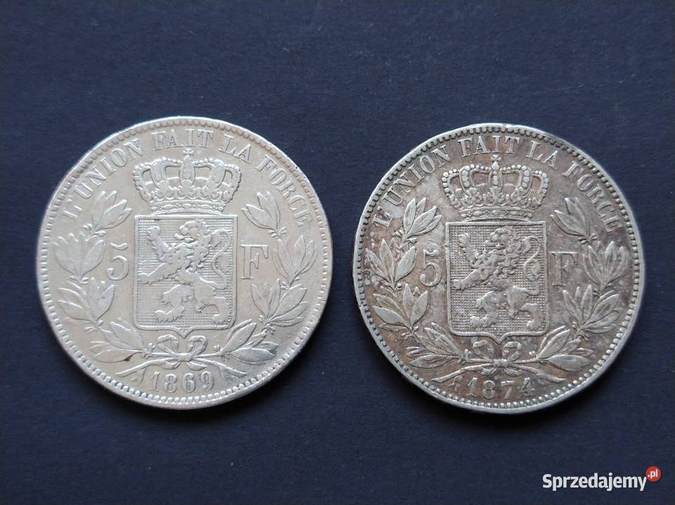 Belgia Dwie srebrne monety o nominale 5 Franków Żukowo