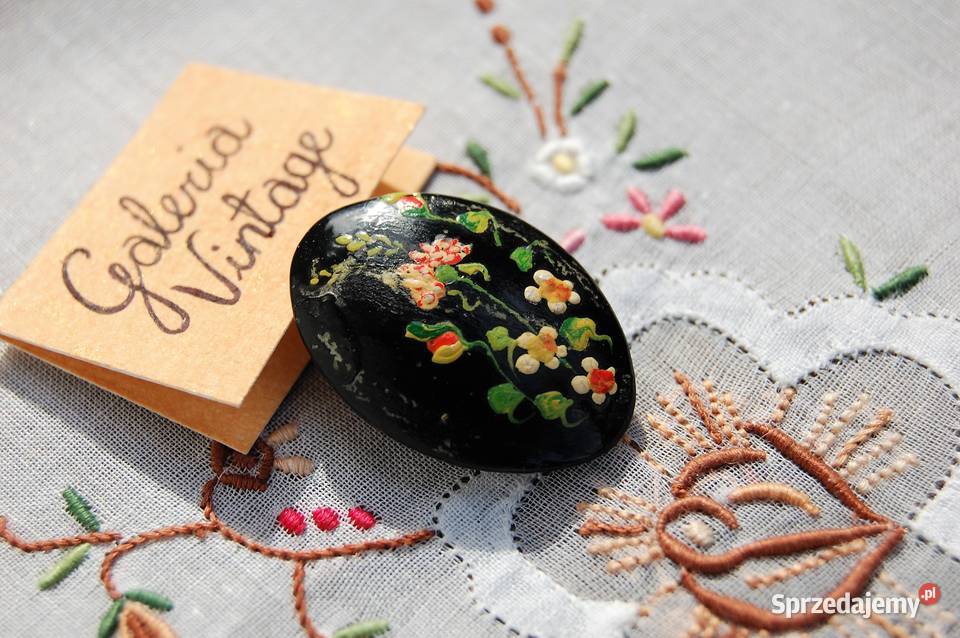 Stara broszka metalowa ręcznie malowana kwiaty Lublin