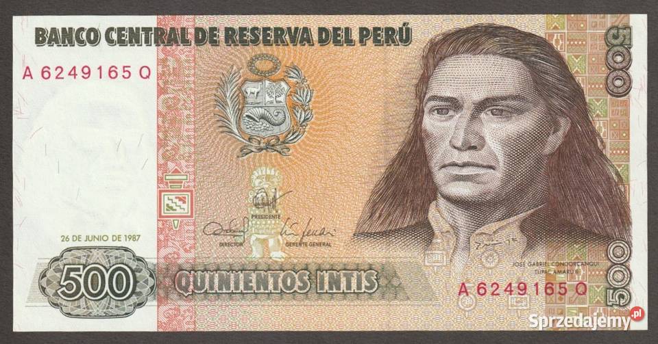 PERU 500 INTIS 1987 TUPAC AMARU II STAN BANKOWY Numizmatyka Numizmatyka Łódź