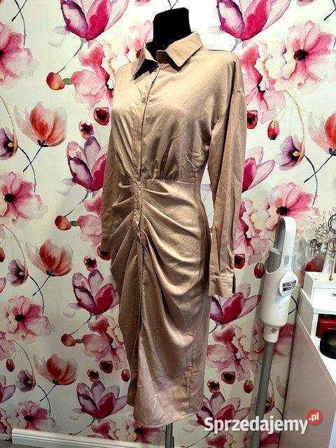 shein sukienka elegancka koszulowa bezowa hit Choszczno