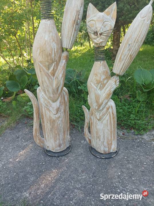 Drewniane koty rzeźba vintage ozdoba dekoracja Sterdyń