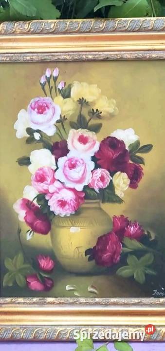 Stylowy Obraz Olej Płótno Kwiaty Bukiet Złota łódzkie