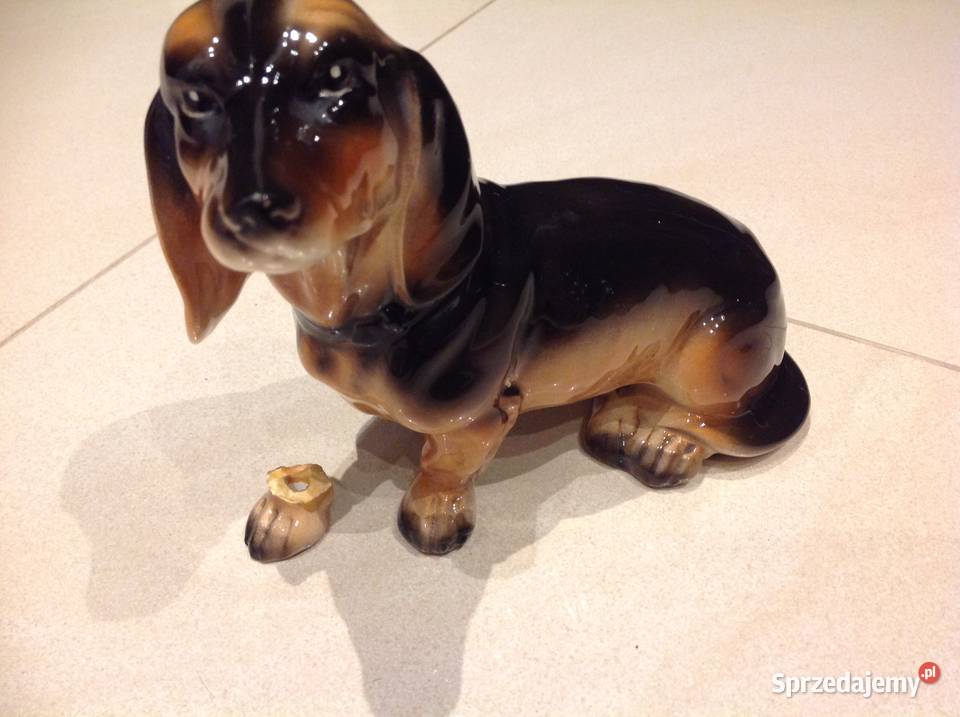 Stara Porcelanowa Figurka Jamnik Pies Sygnowana Porcelana i szkło Nowa Sól sprzedam