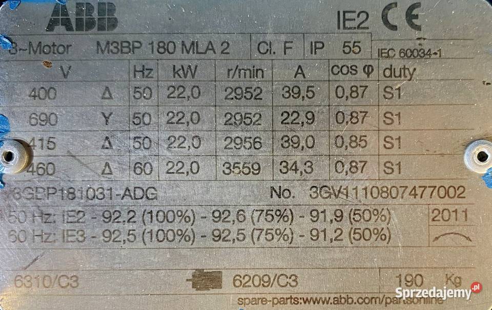 silnik elektryczny 22kW 2952obr 3fazowy ABB IE2 kujawsko-pomorskie Pigża
