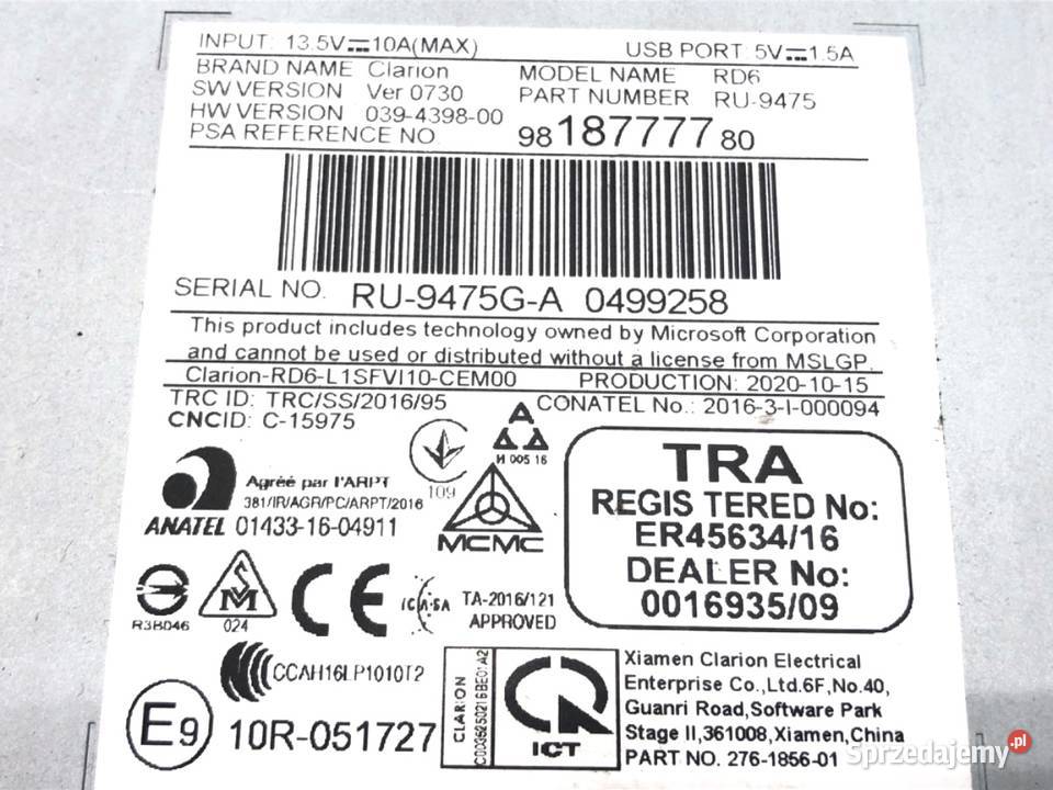 RADIO PEUGEOT PARTNER IV 9818777780 ODTWARZACZ