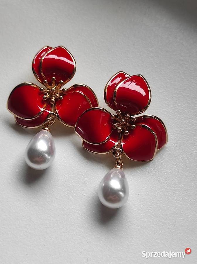 Kolczyki czerwone kwiaty z perełką Wrzosowo