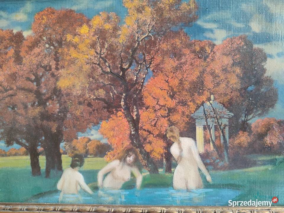 Piękny obraz scena rodzajowa olejny sygnowany Łódź