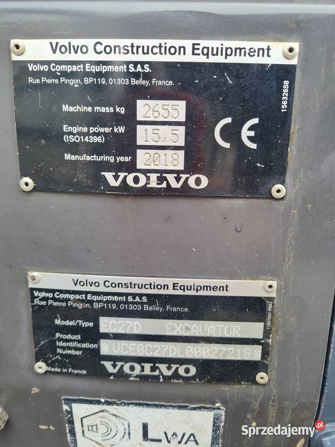 Minikoparka VOLVO EC27D 2018 Dąbrowa Tarnowska sprzedam