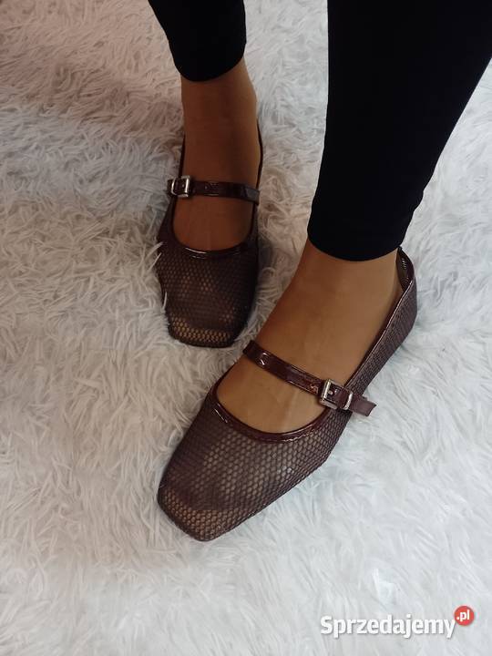 42 Brązowe baleriny siateczkowe z zapięciem NOWE skóra ekologiczna