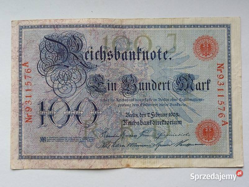 Banknot 100 marek Niemieckich 1908 r Koszalin