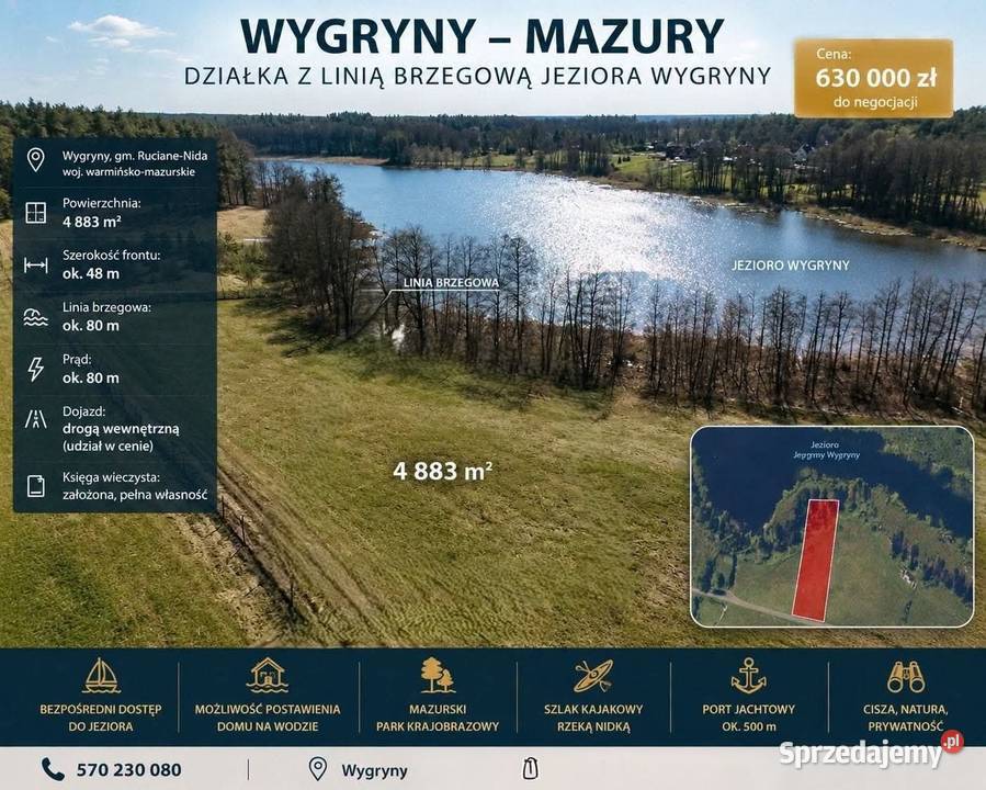 Działka rolna z linią brzegową jeziora Wygryny w warmińsko-mazurskie sprzedam