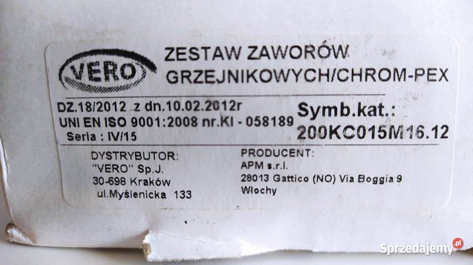 VERO APM Zestaw zaworów kątowych 200KC015M1612 Kalisz