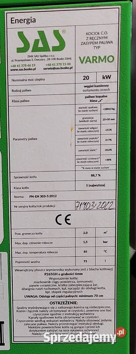 Używany piec SAS VARMO 20 kW