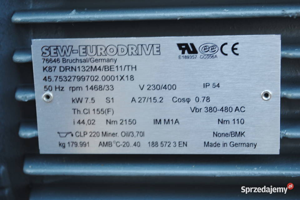 Motoreduktor kątowy 75kw 33obr z hamulcem Firmy Kargowa sprzedam