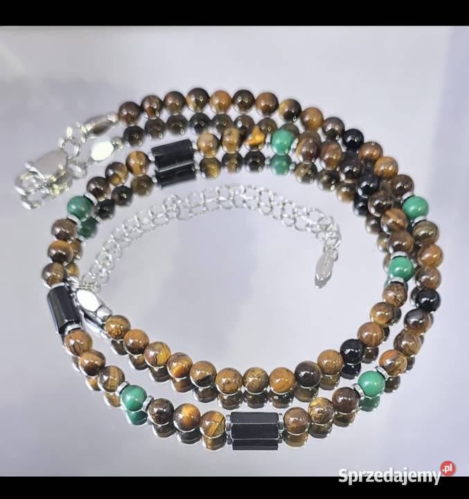 NASZYJNIK KAMIEŃ MALACHIT TURMALIN TYGRYSIE OKO Katowice