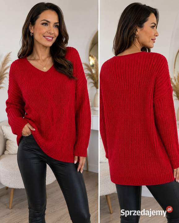 Sweter z plecionym wzorem biust 110 czerwony Pątnów