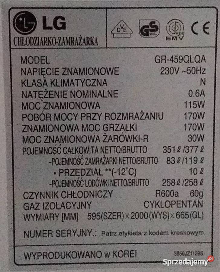 Wolnostojąca lodówkozamrażarka LG GR459QLQA 200 mazowieckie Warszawa