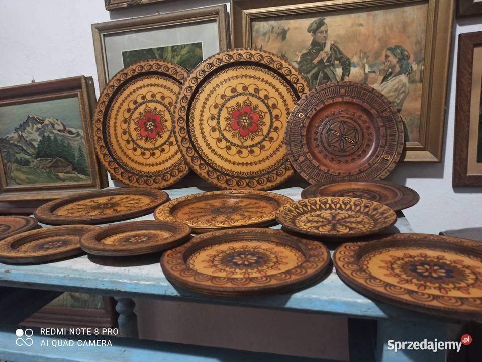 Drewniane talerze ozdobne wiszące kolekcja PRL