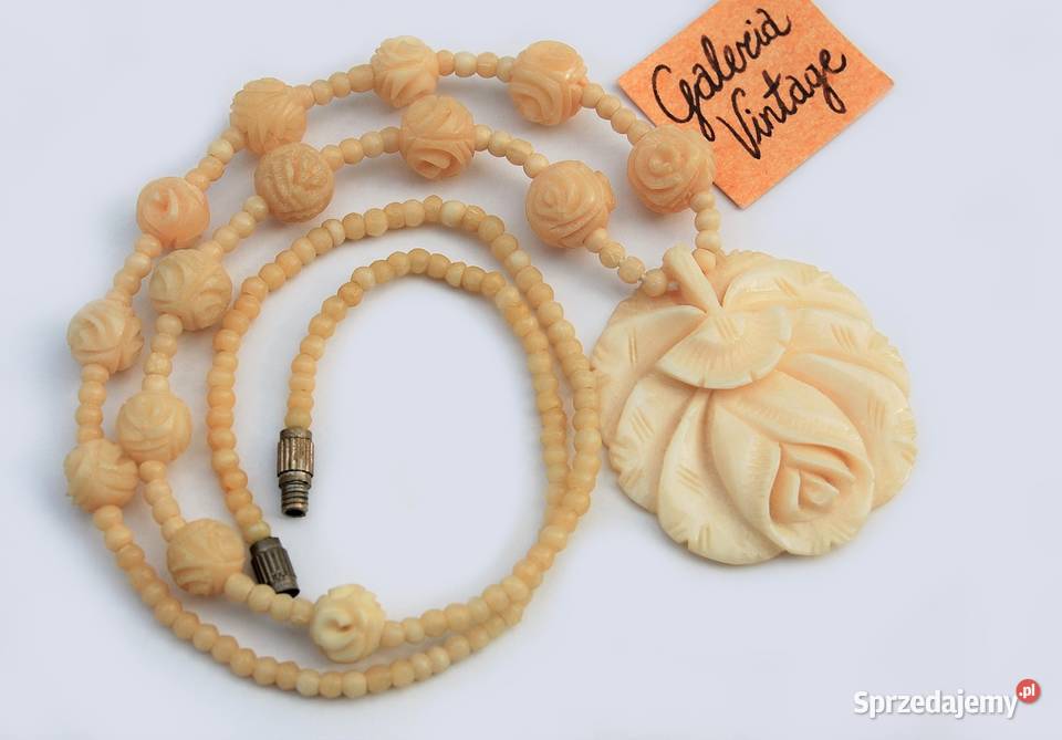Róża rzeźbiony naszyjnik z kości kość vintage Lublin