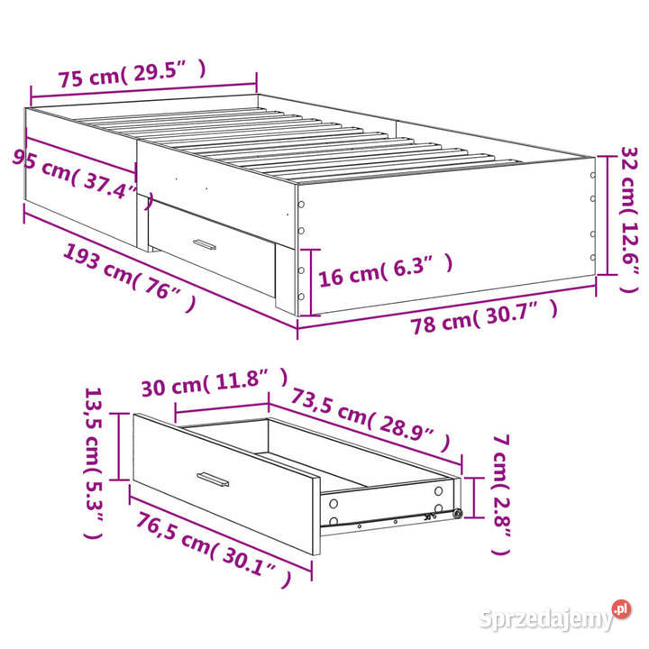 Rama łóżka z szufladami czarna 75x190 WM3280441 Warszawa