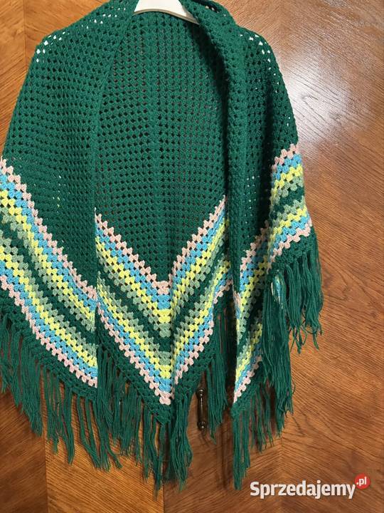 Chusta szydełkowa zielona vintage z czasów PRL Rękodzieło Częstochowa