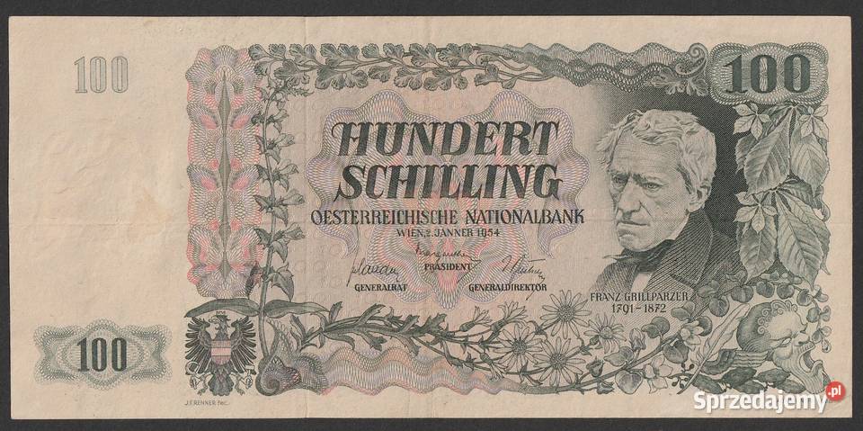 AUSTRIA 100 SCHILLING 1954 Franz Grillparzer Numizmatyka Łódź