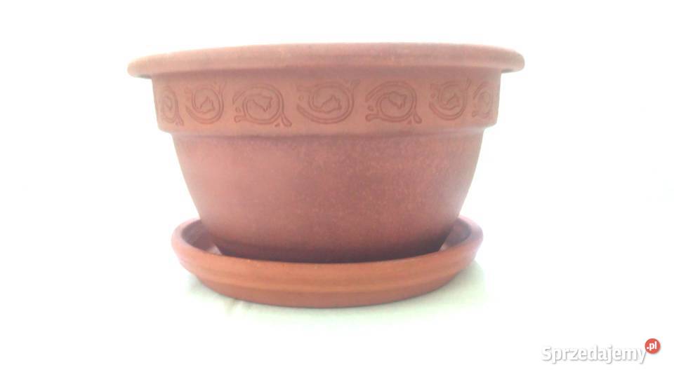 Doniczka brąz DUŻA Podstawka glina Wzór stan