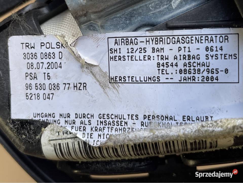 9653003677 poduszka airbag fotela Peugeot 307 Części samochodowe Szczecin