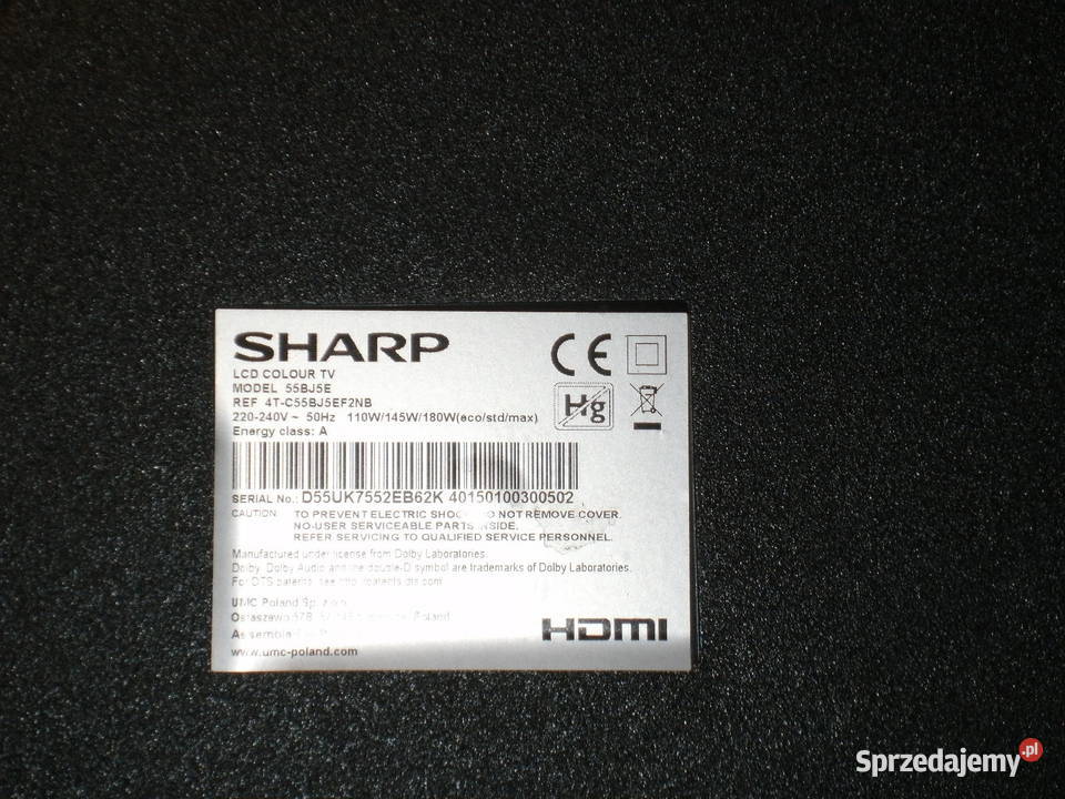 SHARP LED 55"-  Model: 55BJ5E- Uszkodzony. Na CZĘŚCI