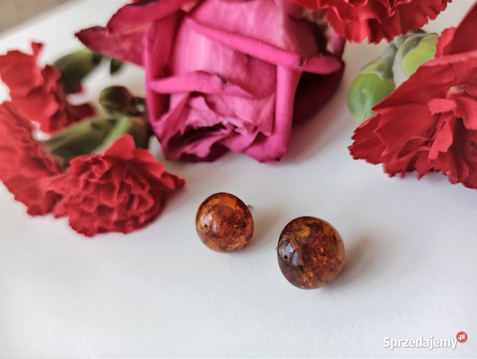 Kolczyki bursztyn naturalny okrągłe srebro 925 srebrne